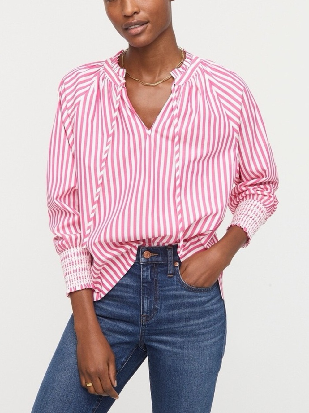 J Crew Smocked-cuff Popover Top 100% Cotton Peasant Style in Pink Stripe
